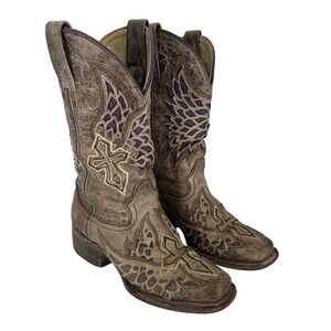 Corral Boots Womens Size 5.5 Brown Purple Cross Wing Western Cowboy Square Toe